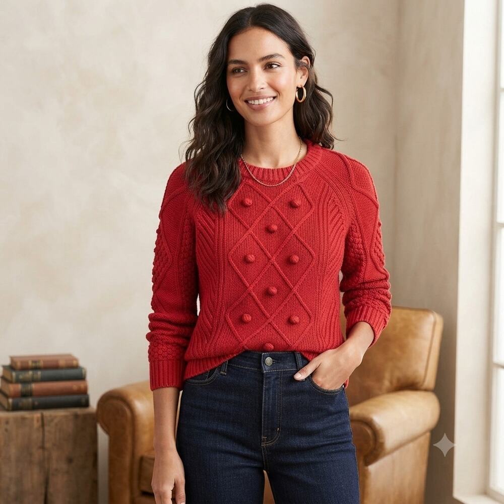 J.Crew Merino Wool Cable Knit Sweater Women M Red Crewneck Holiday Bobble Winter
